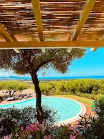 A pool area with a pergola overhead, surrounded by greenery and overlooking a scenic landscape.