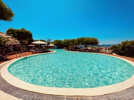 Ein großer, klarer Swimmingpool mit Liegestühlen und Sonnenschirmen.
