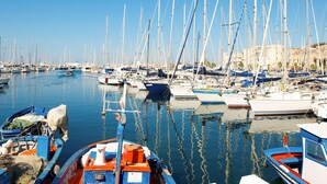 Een jachthaven met talloze zeilboten die aanmeren, kalm water en gebouwen op de achtergrond.
