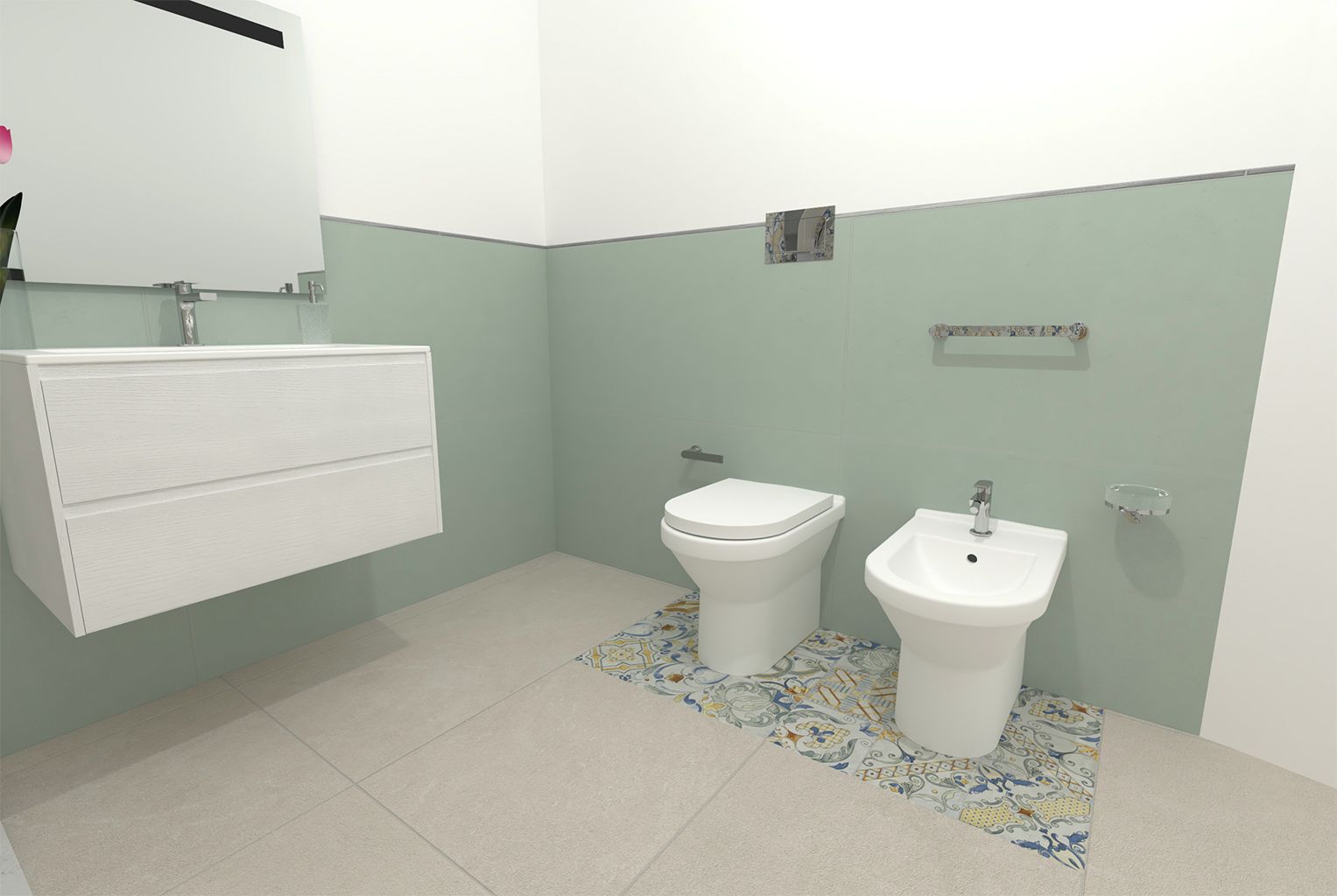 Een badkamer met een toilet, een bidet en een wastafel aan de muur.