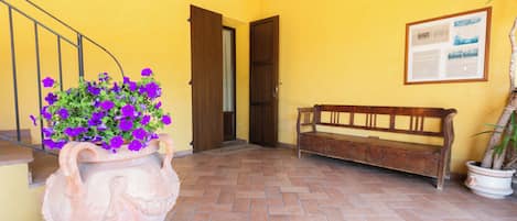 Une terrasse carrelée agrémentée d’un grand pot en terre cuite rempli de fleurs violettes, d’un banc en bois et d’une porte donnant sur un espace intérieur.