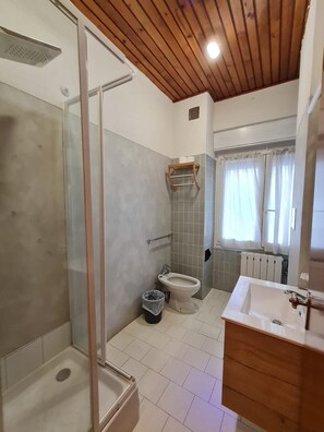 A bathroom with a shower, toilet, and sink. - Excelsior Hotel Cimone Lowcost (Primiero San Martino di Castrozza)