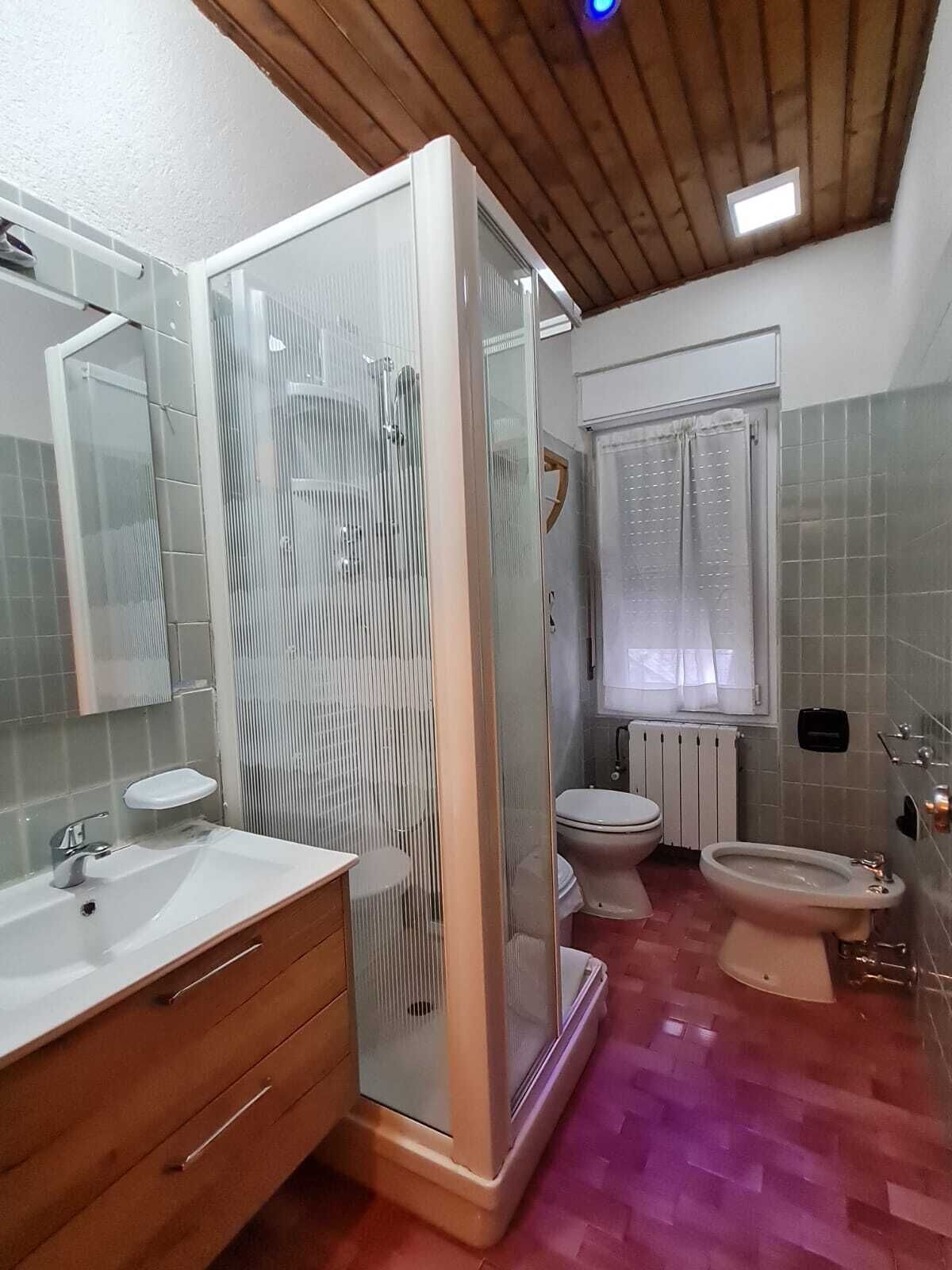 A bathroom with a shower enclosure, a toilet, a bidet, a sink, and a mirror.