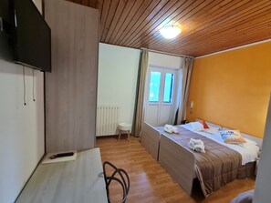 Une pièce comprenant un lit, un bureau, une chaise, un radiateur, une fenêtre et un téléviseur.