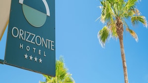 A hotel sign with a partial view of a palm tree. - Hotel Orizzonte (Letojanni)