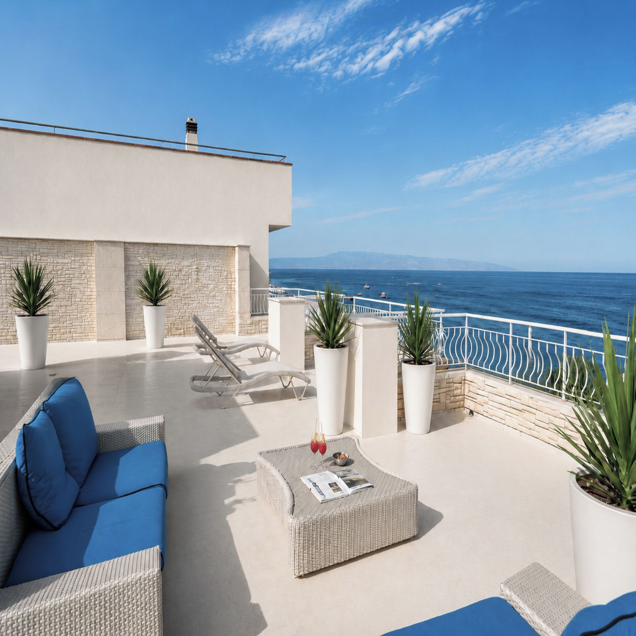 Una terraza en la azotea con sofá, sillones, plantas en macetas y vistas al mar.
