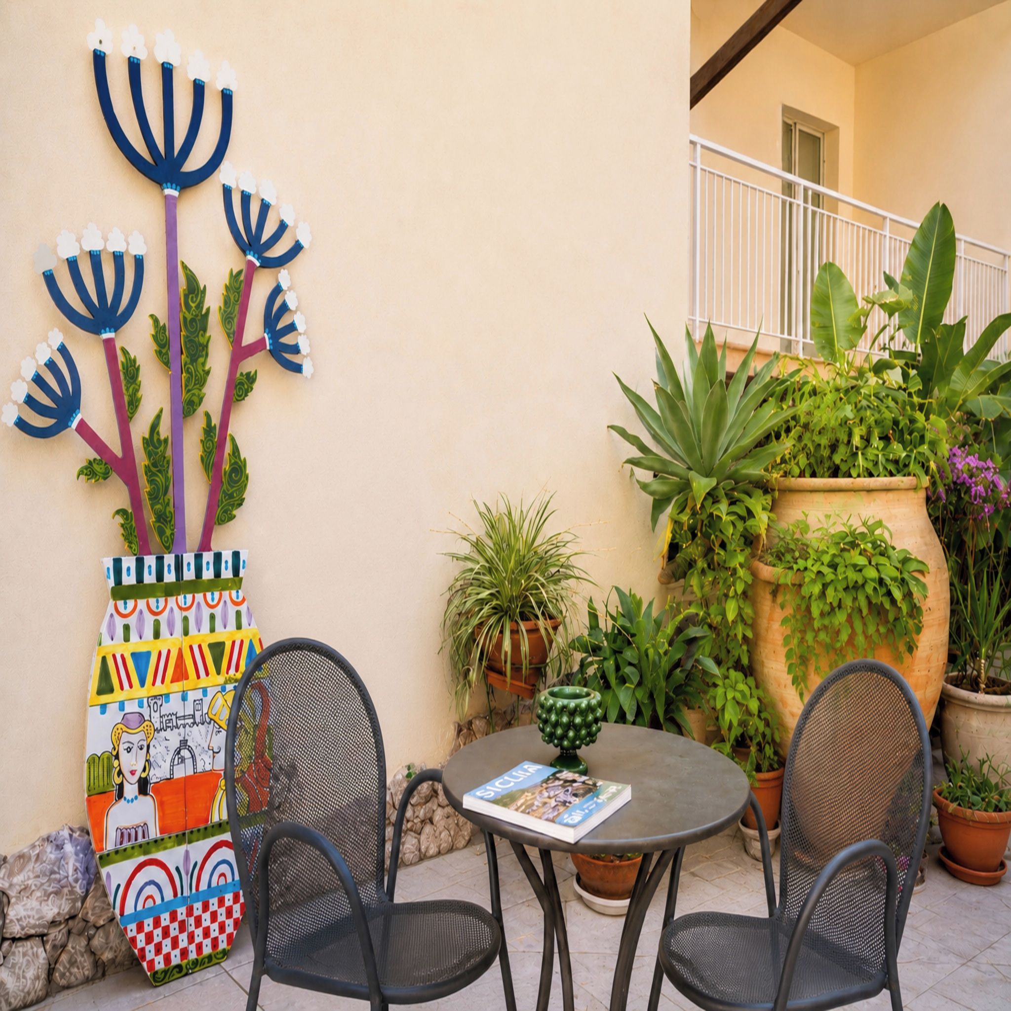 A patio area with a round table, two chairs, a decorative wall piece, and potted plants.