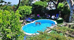 A swimming pool surrounded by greenery, with lounge chairs and a tree in the background. - Albergo Italia (Casamicciola Terme)