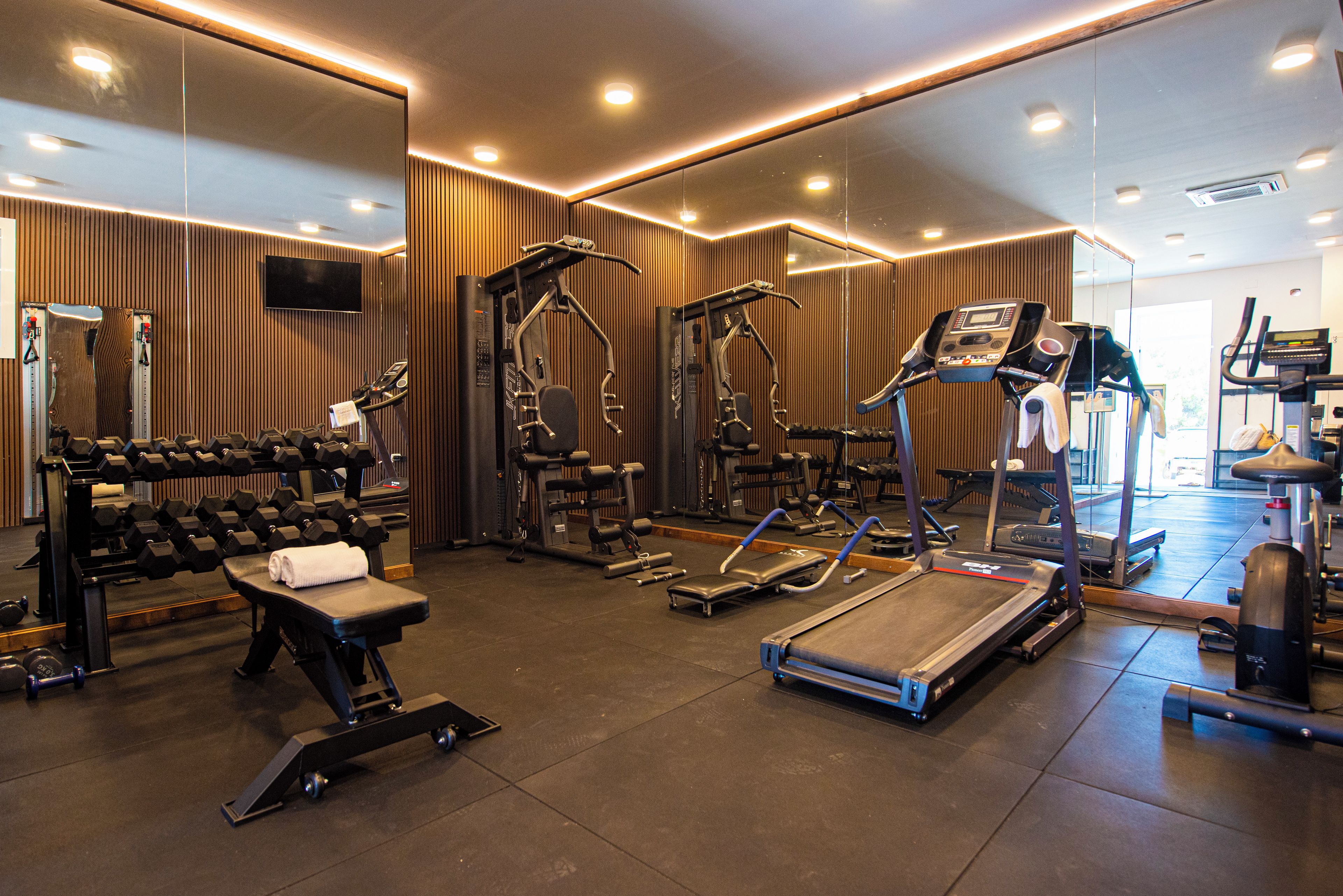 Ein Fitnessstudio mit unterschiedlicher Trainingsausstattung, darunter Laufbänder, Kraftgeräte und Kurzhanteln.
