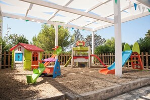 Ein Spielbereich für Kinder mit Sandkasten, einem kleinen Haus und einer Rutsche.