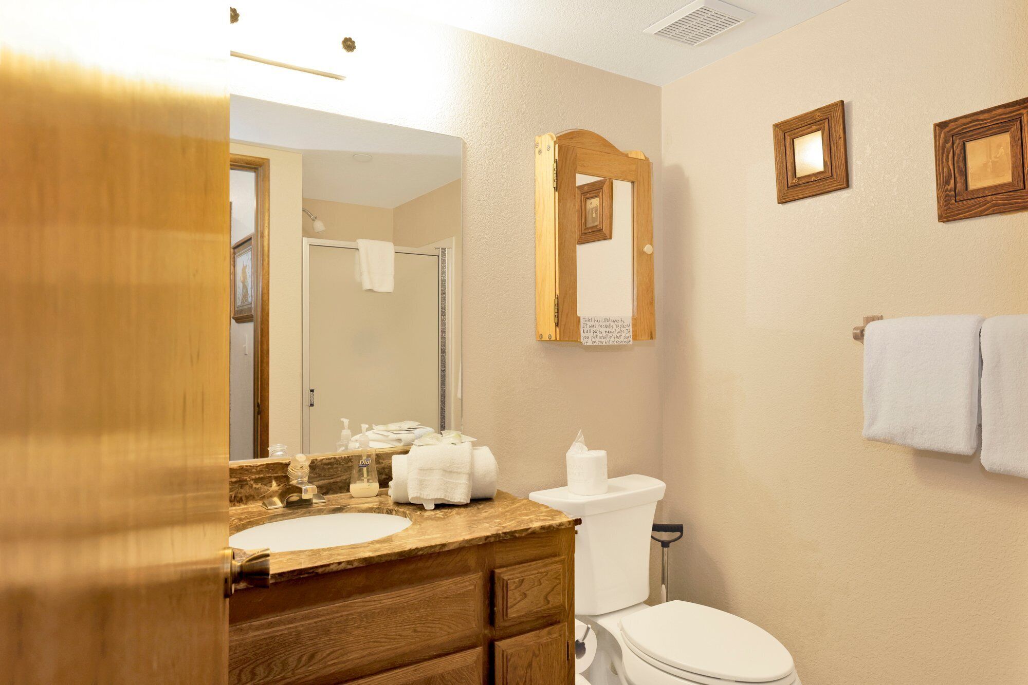 A bathroom with a wooden vanity, a sink, a toilet, and a mirror.