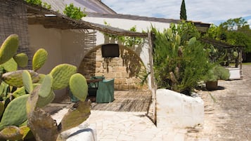A courtyard with a stone wall, cactus plants, a wooden pergola, and a small seating area.