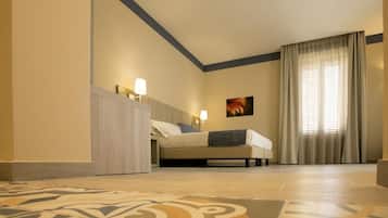 A hotel room with a bed, bedside lamps, a painting, and a large window with curtains.