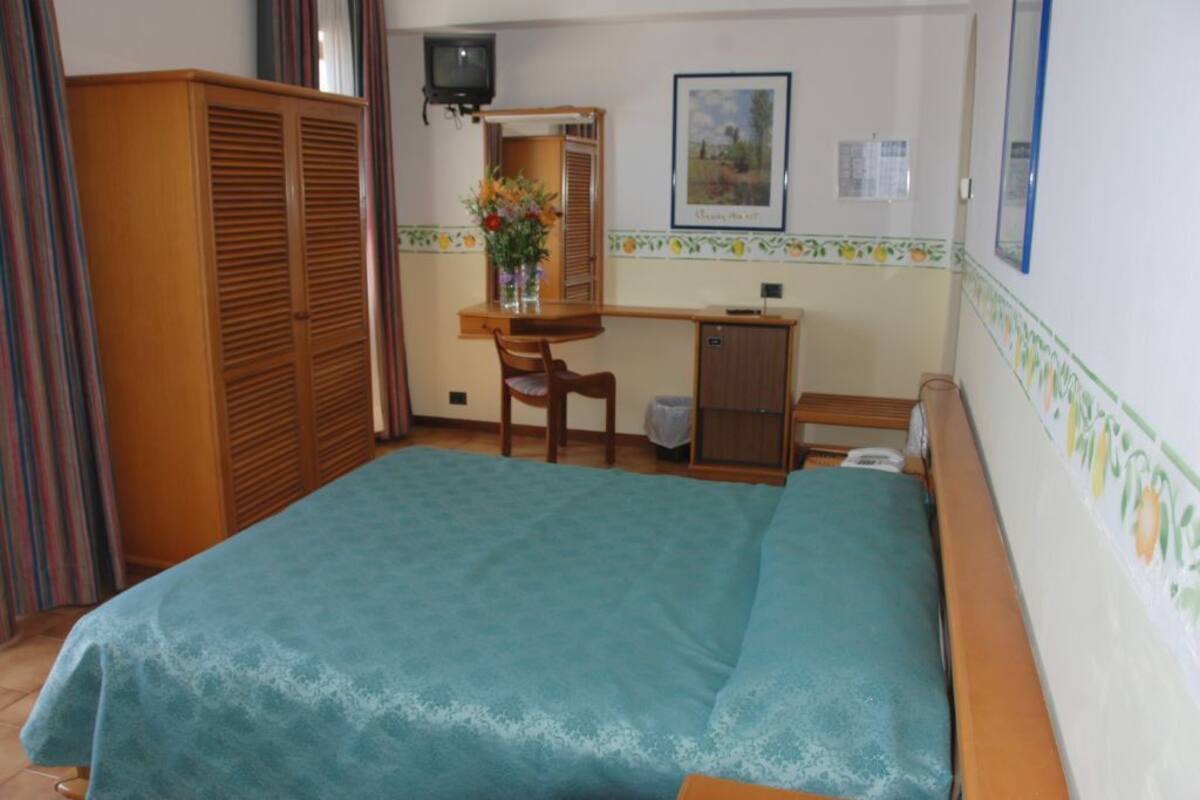 A bedroom with a bed, a desk, a chair, a wardrobe, and a television.