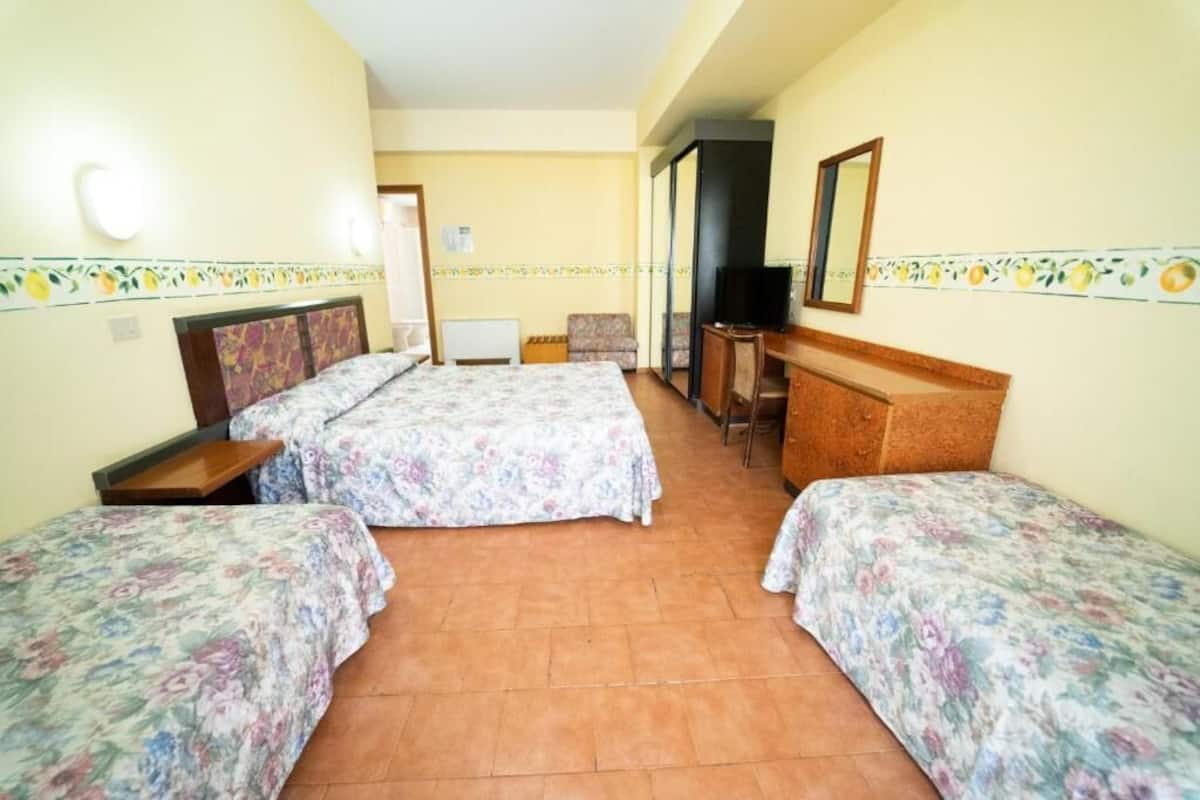 Hotellihuone, jossa on kaksi erillistä sänkyä, työpöytä, tuoli, televisio ja peili.