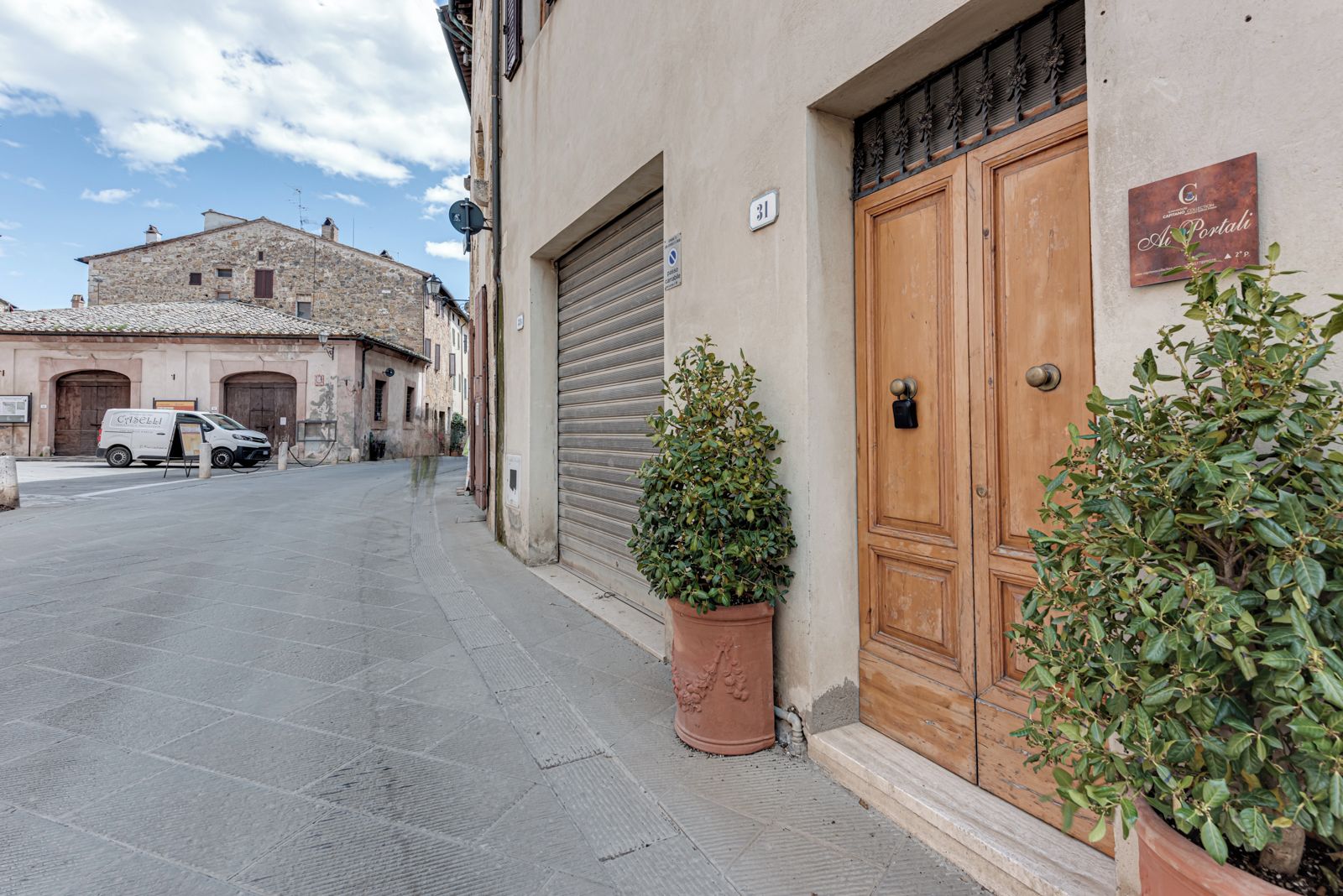 A narrow street with a closed wooden door, a potted plant, and a parked van.