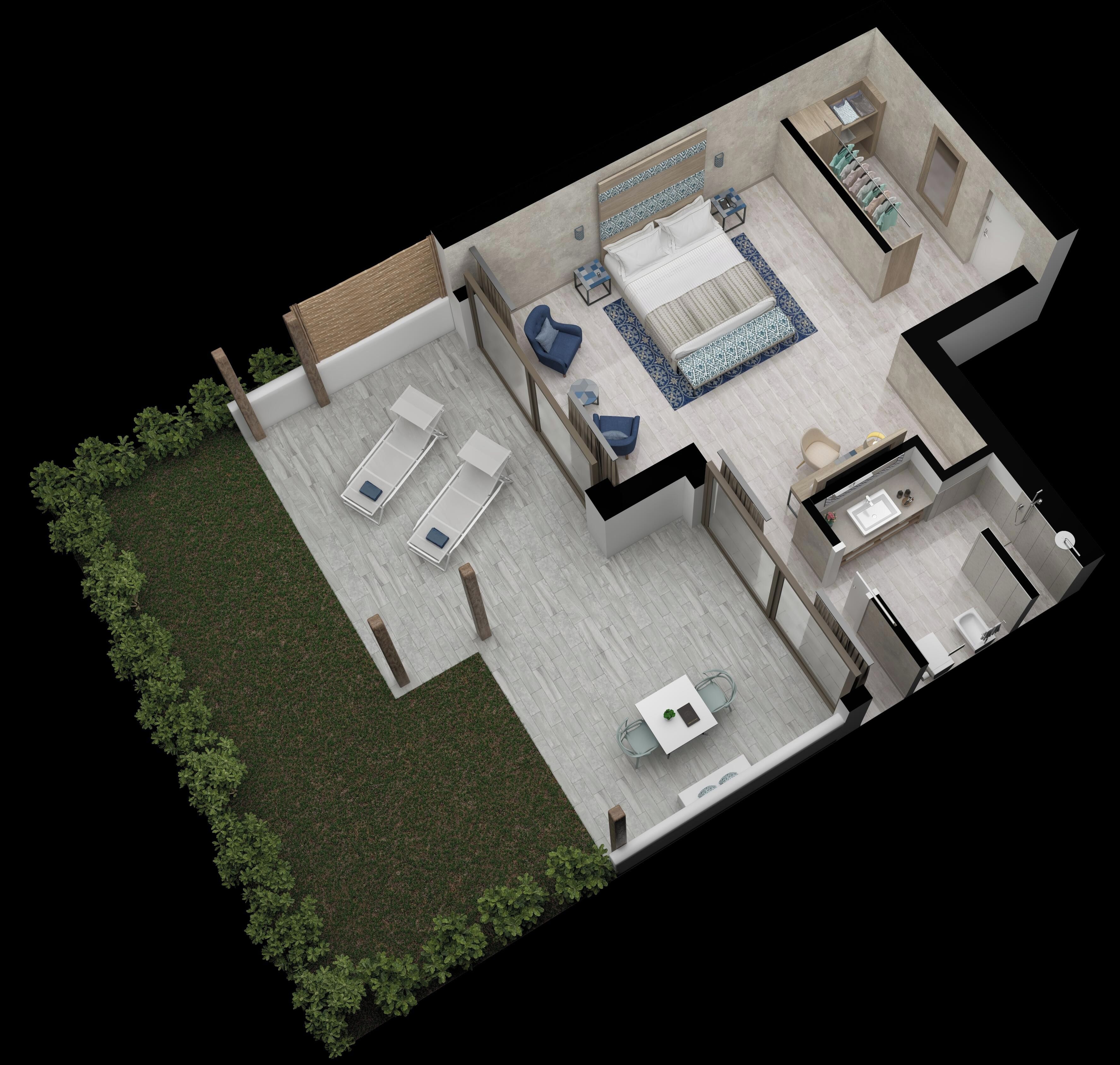 A 3D model of a hotel room with a bed, seating area, and a bathroom.