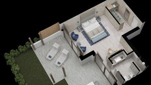A 3D model of a hotel room with a bed, seating area, and a bathroom.
