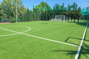 Ein Fußballfeld mit Toren und Netz, umgeben von Bäumen und einem Zaun.