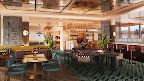 A modern bar area with a bar counter, seating, and a variety of bottles. - Hyatt Regency Rome Central (Rome)
