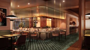 A modern bar area with a curved counter, multiple seating options, and ambient lighting. - Hyatt Regency Rome Central (Rome)
