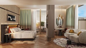 A modern hotel room with a large bed, a sofa, a dining area, and a view of the city.
