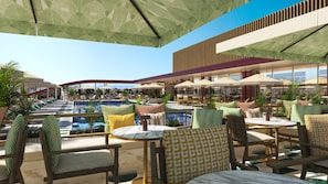 A rooftop pool area with lounge chairs and umbrellas, surrounded by dining tables and chairs. - Hyatt Regency Rome Central (Rome)