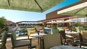 A rooftop pool area with lounge chairs and umbrellas, surrounded by dining tables and chairs. - Hyatt Regency Rome Central (Rome)