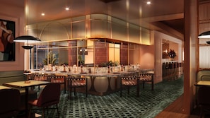 A modern bar area with a curved counter, multiple seating options, and ambient lighting. - Hyatt Regency Rome Central (Rome)