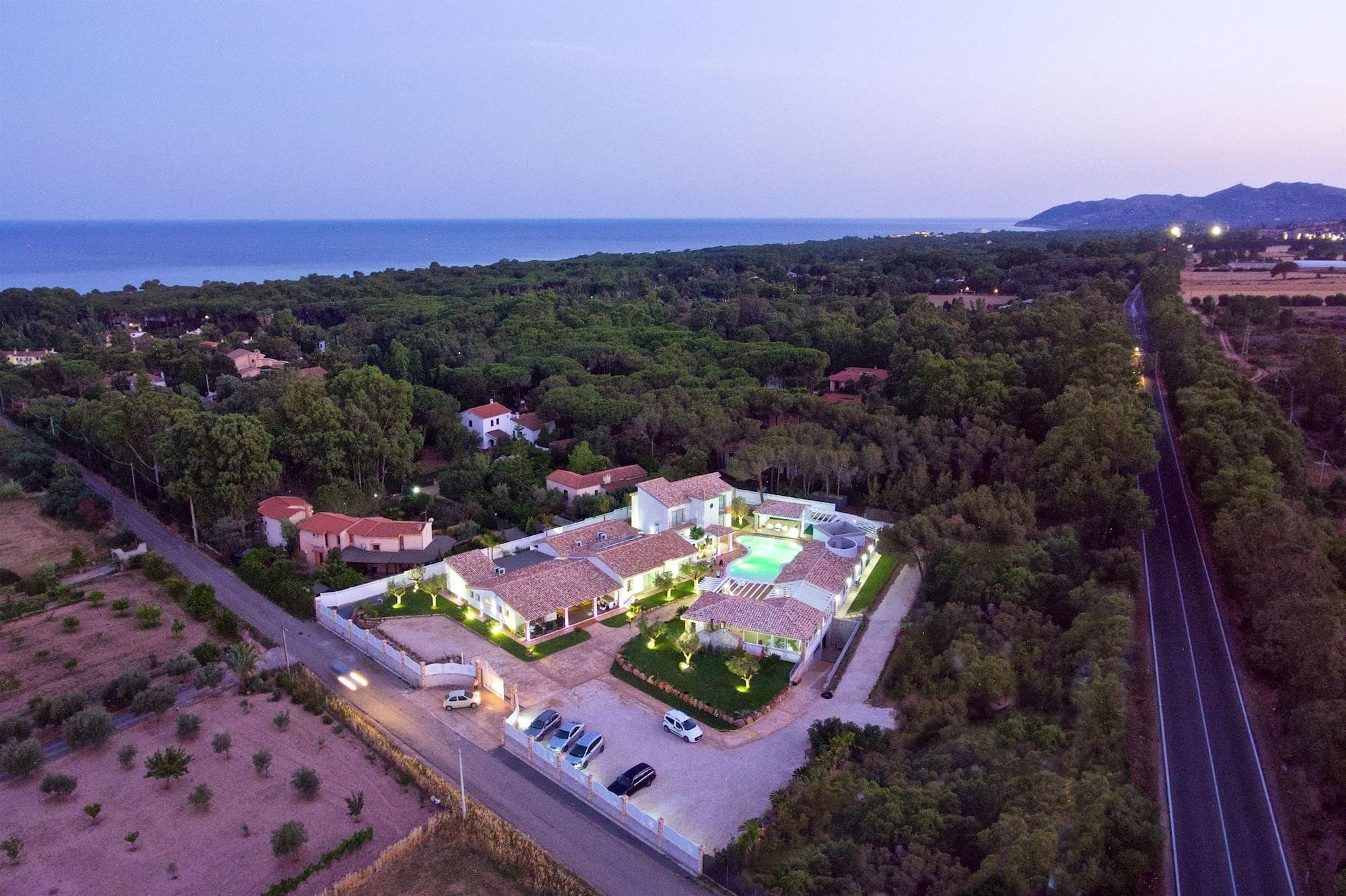 An aerial view of a residential area with a large house featuring a swimming pool, surrounded by dense greenery and a road.