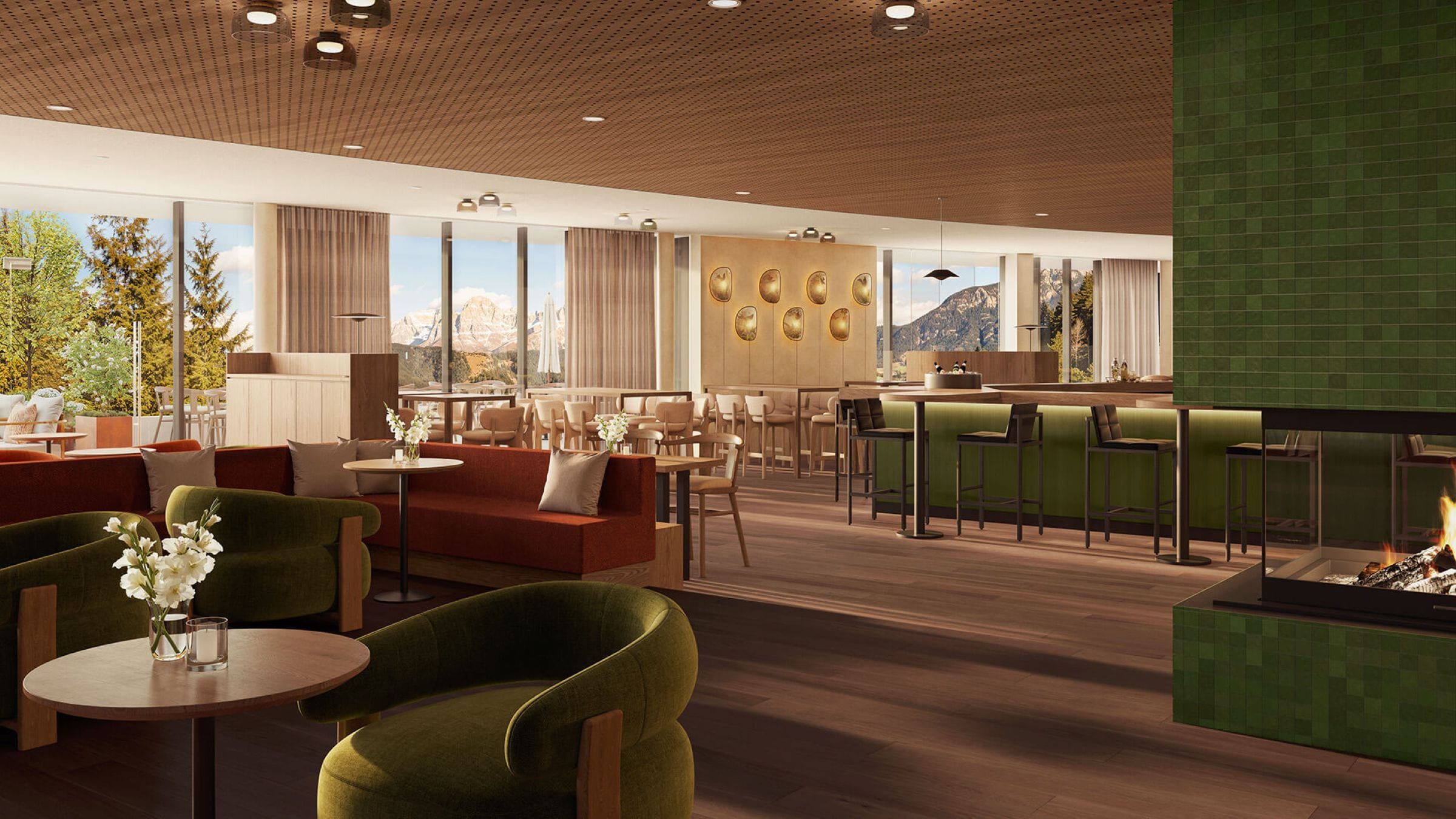 A modern interior with a bar area, seating arrangements, and a fireplace.