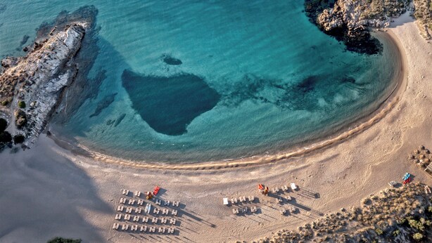Une vue aérienne d’une plage aux eaux turquoise et limpides, avec un rivage sablonneux et plusieurs chaises longues disposées en rangées.