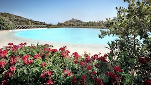Une piscine d’un bleu éclatant, entourée de fleurs rouges et de verdure, avec une vue sur des collines et un bâtiment situé au loin.