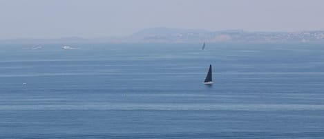 Ein Küstenblick mit einem Segelboot auf dem Wasser, einer fernen Küstenlinie und dichter Vegetation im Vordergrund.