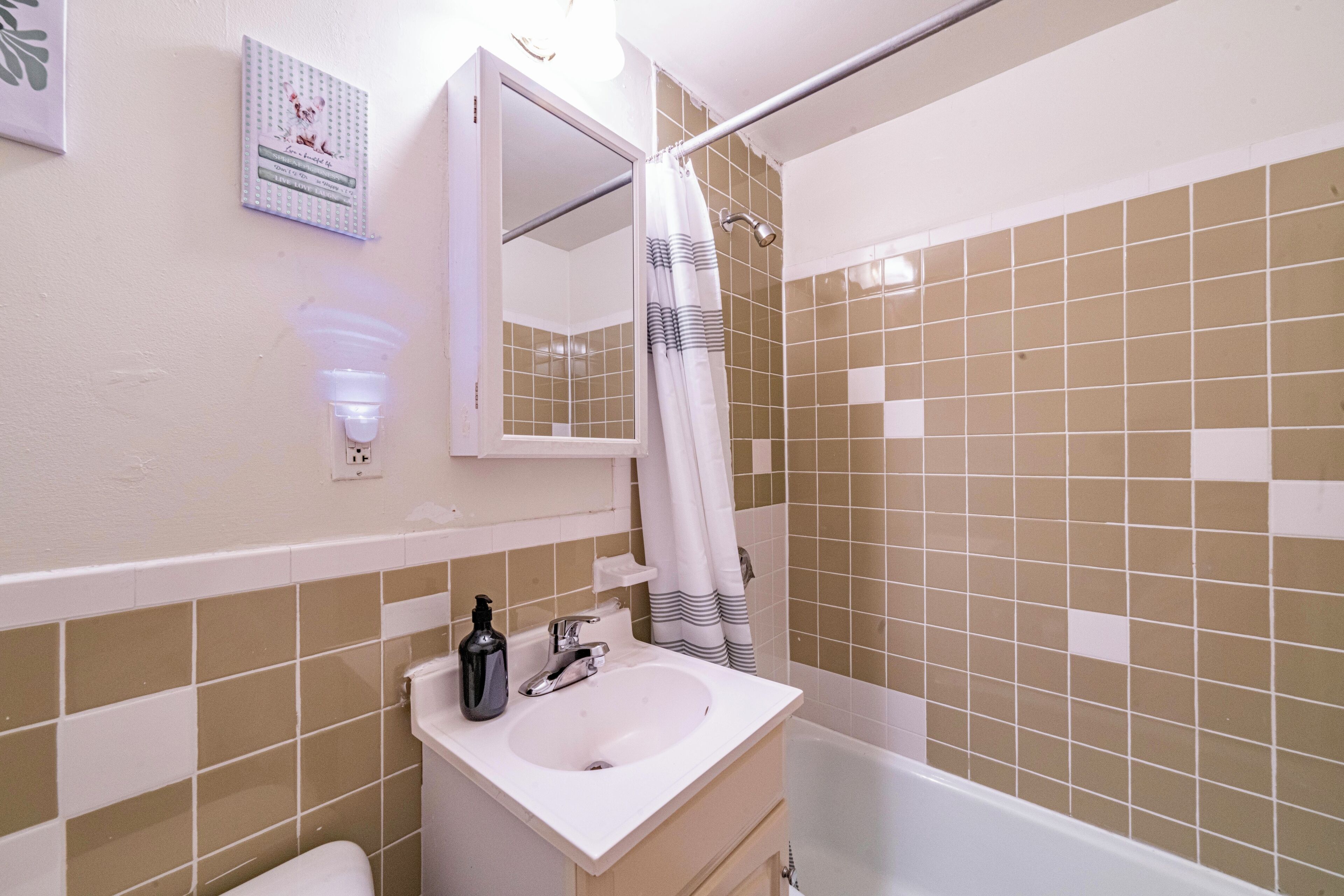 Hair dryer, towels, soap, shampoo