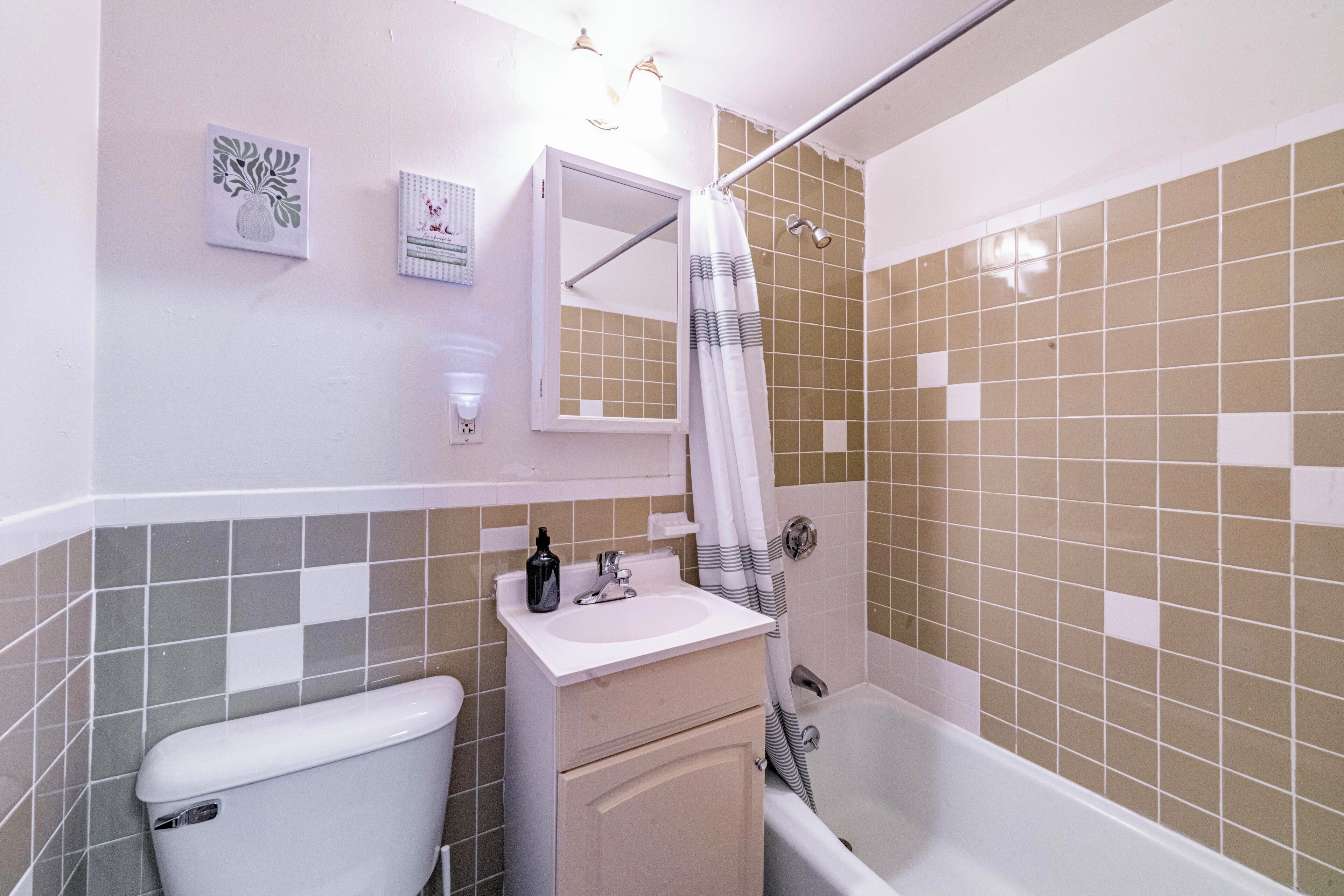 Hair dryer, towels, soap, shampoo