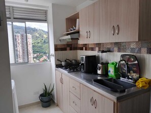 Fridge, microwave, oven, cookware/dishes/utensils