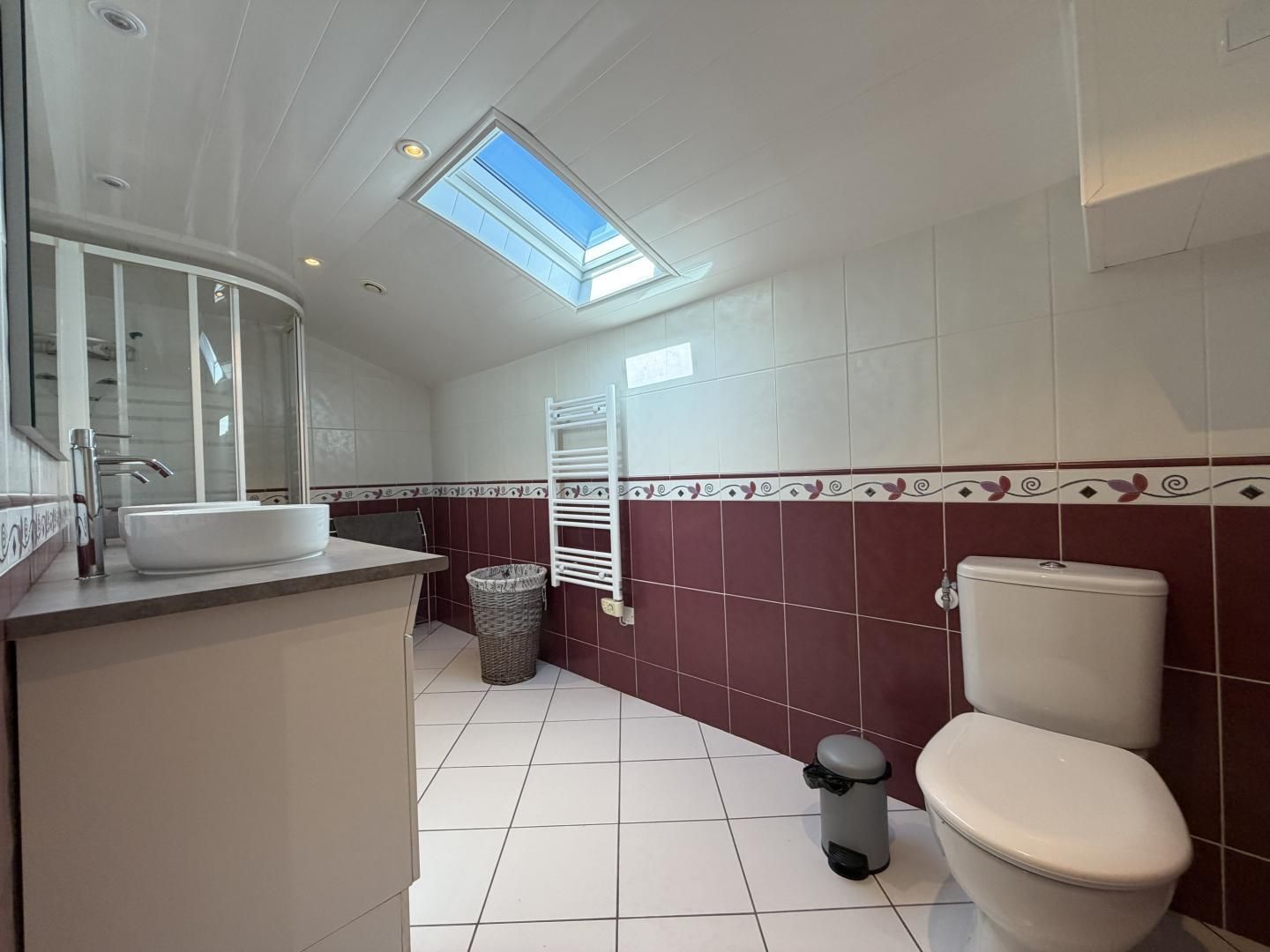 Une salle de bain avec un puits de lumière, des toilettes, un lavabo et une poubelle.