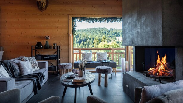 A cozy cabin interior with a fireplace, wooden walls, a sofa, and a view of a forest.