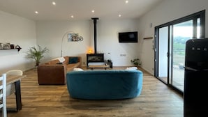A modern living room with a large sofa, a TV, a fireplace, and a large window. - MENDIBURIA - IHOLDY - Gîte (IHOLDY)