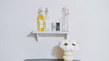 Hair dryer, towels, soap, shampoo