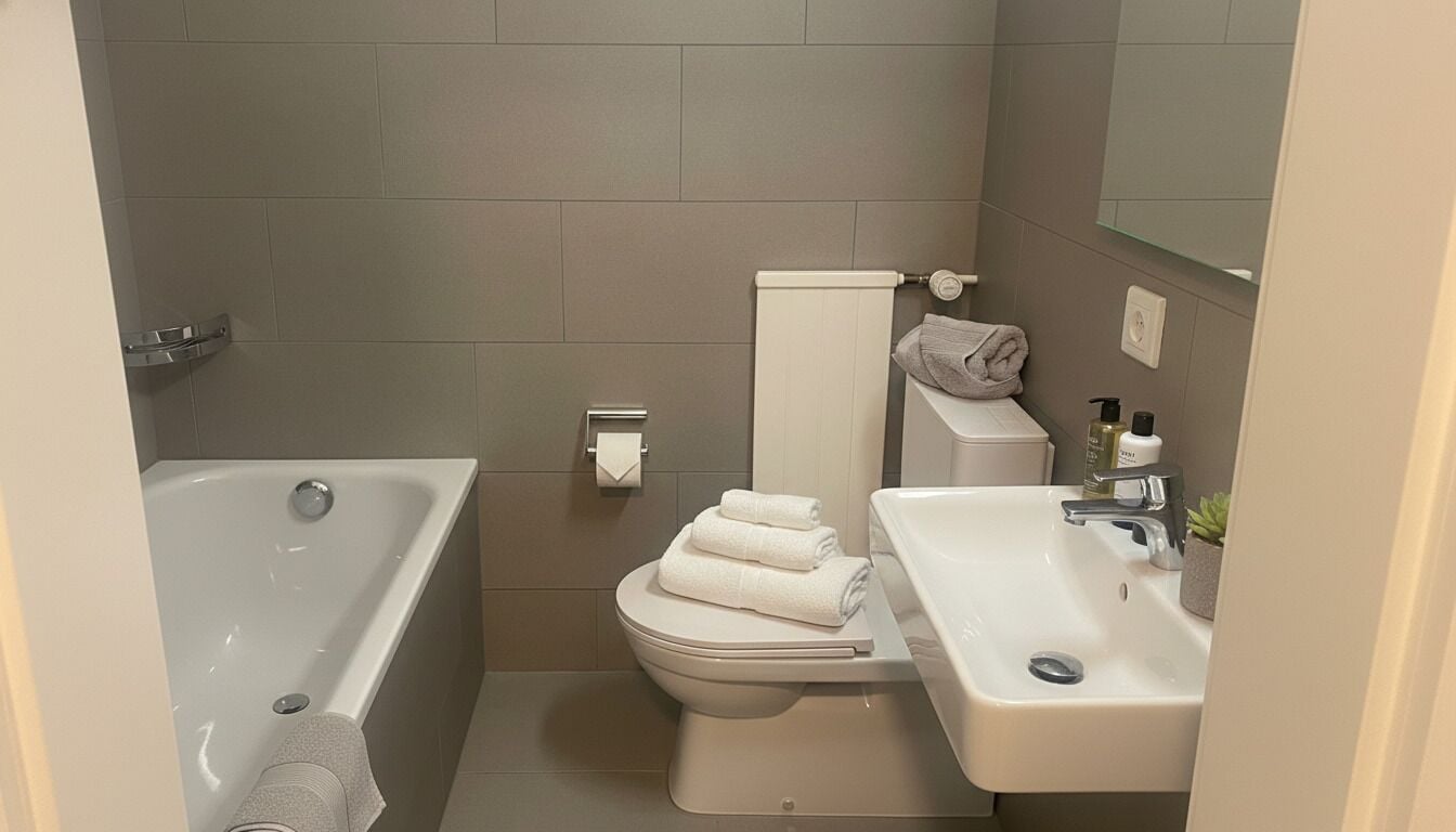 Secador de cabelo, toalhas de banho, sabonete, papel higiênico