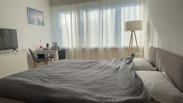 Une chambre d’hôtel bien aménagée, avec un grand lit, un bureau avec une chaise, une télévision et une lampe.