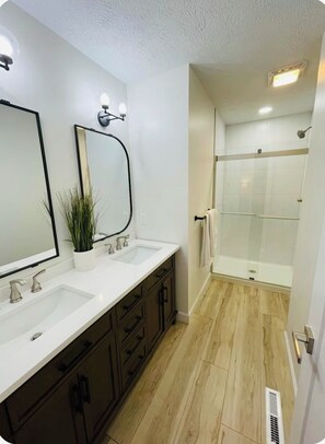 Shower, hair dryer, towels, soap