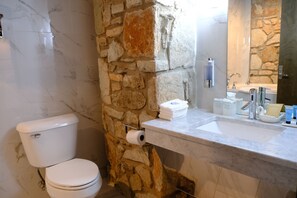 Hair dryer, towels, soap, toilet paper