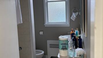 Hair dryer, bidet, towels, soap