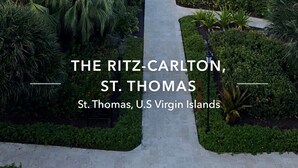 A resort with a pool, palm trees, and a view of the sea. - Oceanfront Ritz-Carlton Condo 2BR 2.5BA, Full Resort Amenities! (St Thomas)