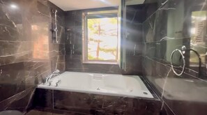 Hair dryer, towels, soap, toilet paper