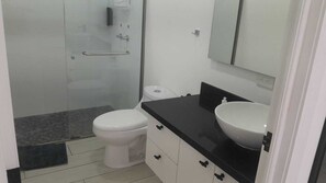 Regadera, secadora de cabello, toallas, papel de baño 