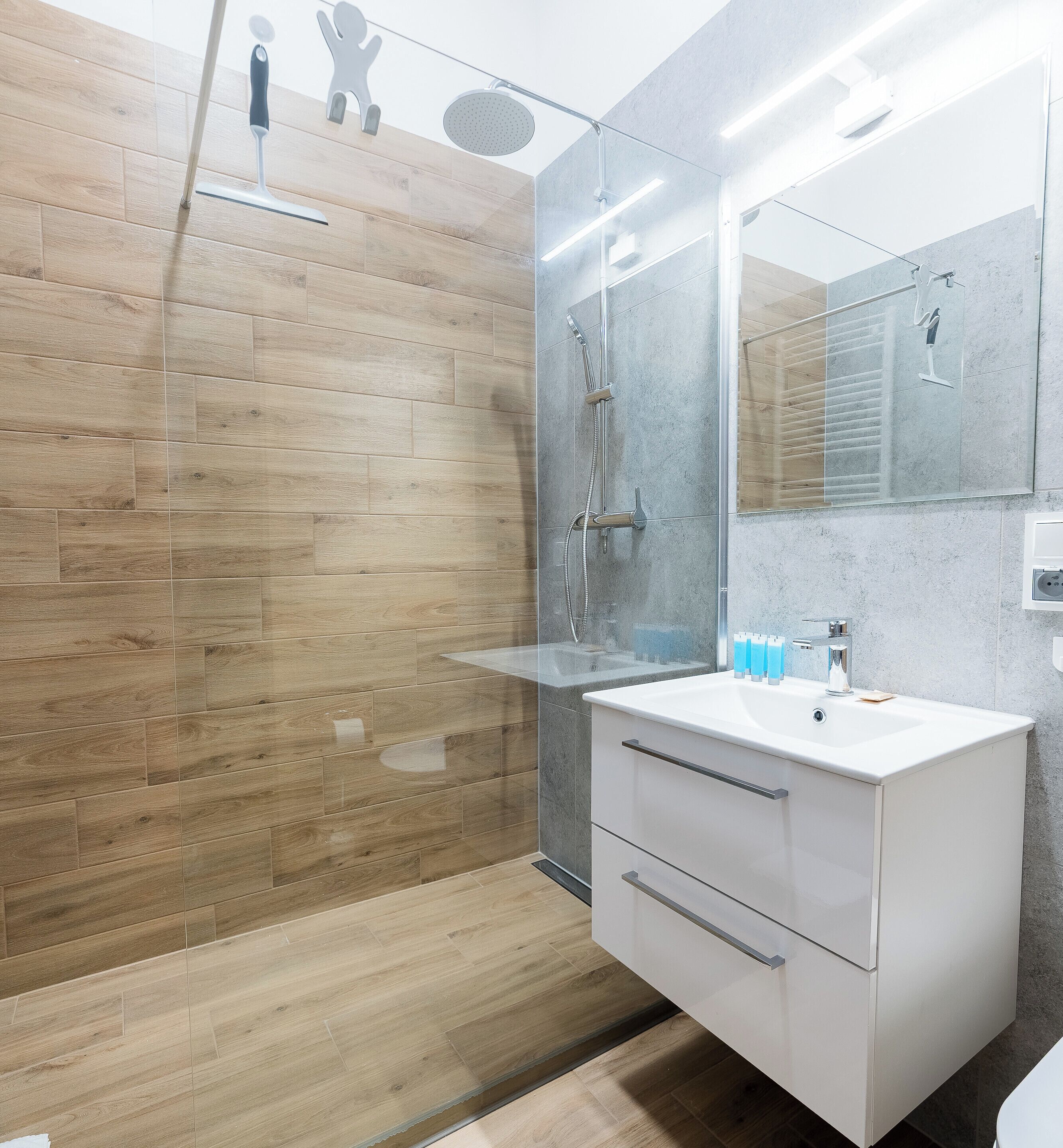 Shower, hair dryer, towels